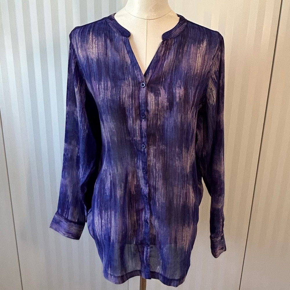 Relativity purple pattern button down blouse FLAW Size 1X